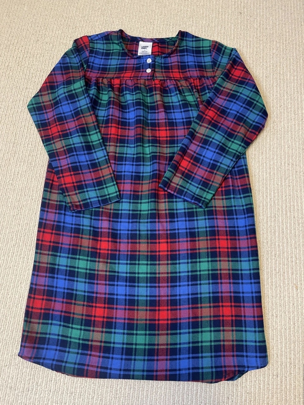 Two Lands End Girls Red, Blue and Green Flannel Nightgowns Sizes 8 and 10